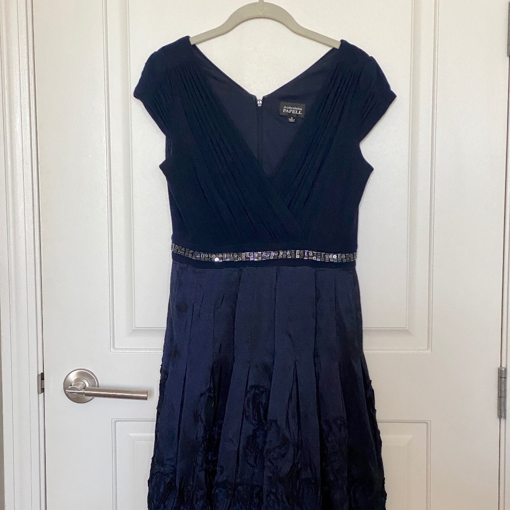 Adrianna Papell Navy Blue Cocktail Party Dress with Pleated Skirt and Appliqué